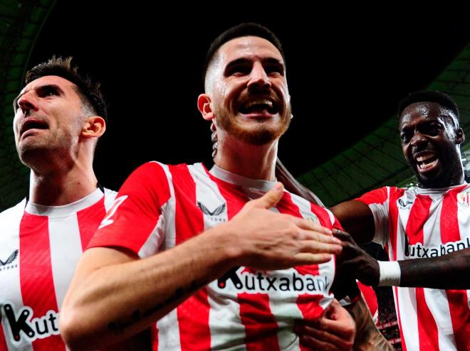 Celebración guerrera de Oihan Sancet en el derbi de San Mamés (Foto: Athletic Club).