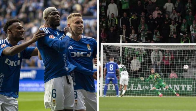 El Real Oviedo celebra un gol a favor en casa y encaja otro fuera (Fotos: LALIGA).