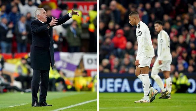 Carlo Ancelotti abronca a los jugadores del Real Madrid ante un Kylian Mbappé abatido (Foto: Cordo