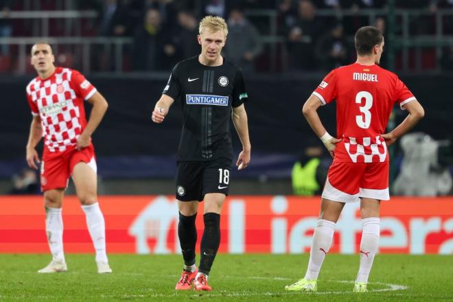 Biereth celebra su gol en el Sturm Graz-Girona (Foto: EFE).