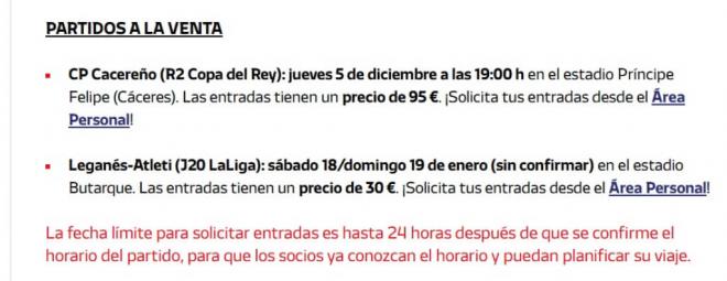 Las entradas para ver el Cacereño - Atlético de Madrid (Captura de la web del Atleti)