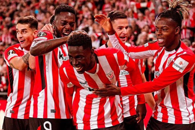 Festejo del gol del lateral de Dakar Adama Boiro al IF Elfsborg sueco en San Mamés (Foto: Athletic Club).