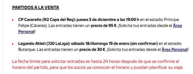 Las entradas para ver el Cacereño - Atlético de Madrid (Captura de la web del Atleti)