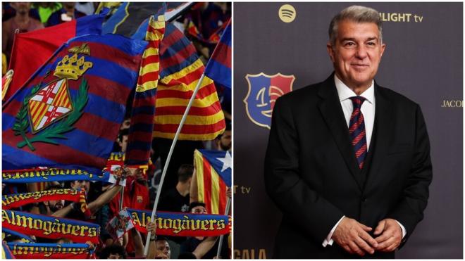 Fotomontaje de bufandas de la Penya Almogavers (Foto de X) y Joan Laporta (Foto: EP)