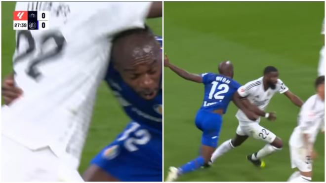 La acción de Nyom y Rudiger que acabó en penaltis en el Real Madrid-Getafe (captura: Movistar+).