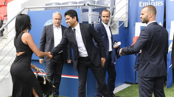 Aurah Ruiz, Al Khelaifi y Jesé, en su presentación con el PSG (Cordon Press)