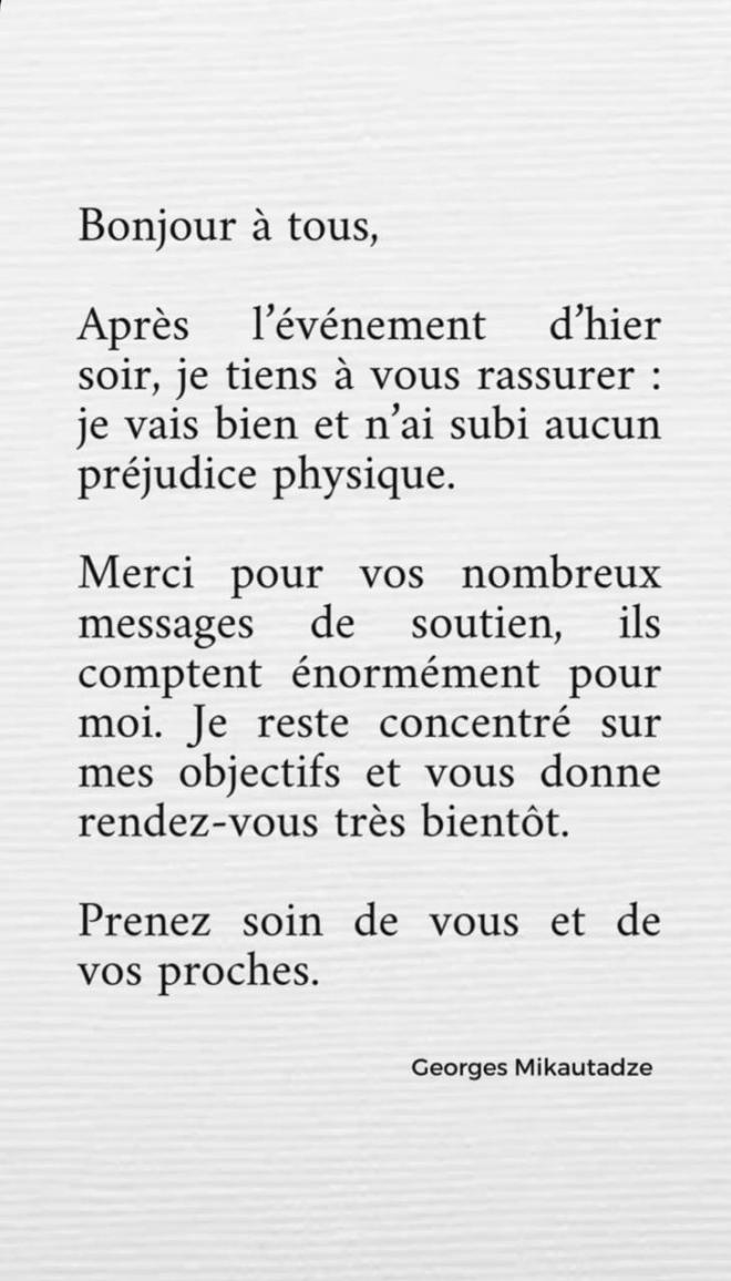 Mensaje de Georges Mikautadze en su perfil de redes sociales.