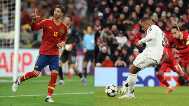 Sergio Ramos, en el partido contra Portugal en la Euro 2012 (derecha) y Kylian Mbappé, en el parti