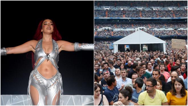 Lola Índigo en una de sus actuaciones y el Bernabéu en uno de los conciertos (Cordon Press)