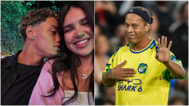 Giovanna Buscacio y Joao Mendes en redes y Ronaldinho en un partido (Instagram: @_mendesjoao_/Cordo