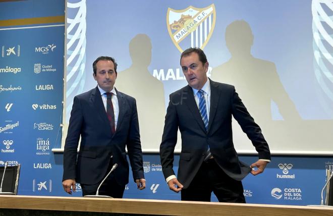 Kike Pérez y José María Muñoz, en la comparecencia en La Rosaleda. (A.F.)