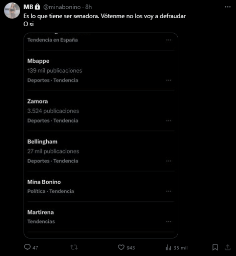 La reacción de Mina Bonino en redes al fallo de Valverde (Captura de 'X' de @minabonino)