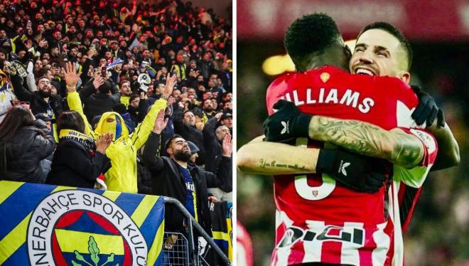 Aficionados del Fenerbahce y celebración de Iñaki Williams y Sancet en el Athletic (Fotos: Cordon