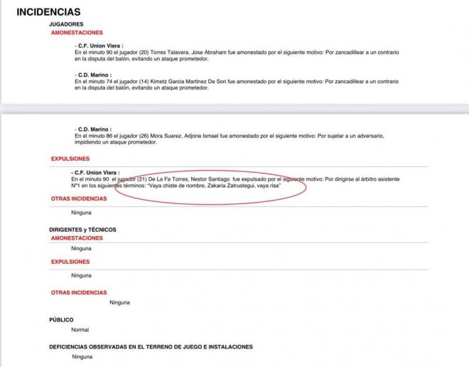 El acta arbitral del Unión Viera-San Marino de Tercera RFEF.