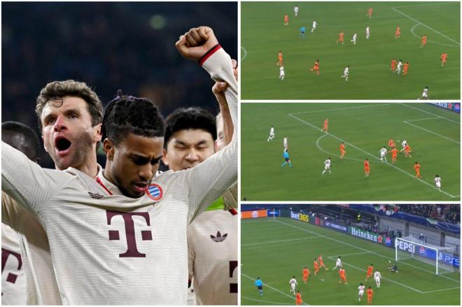 Michel Olise celebrando su gol con el Bayern en la Champions (Foto: Cordon Press).