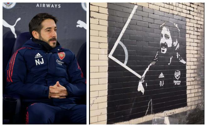 Nicolás Jover y el mural que le ha dedicado la afición del Arsenal.