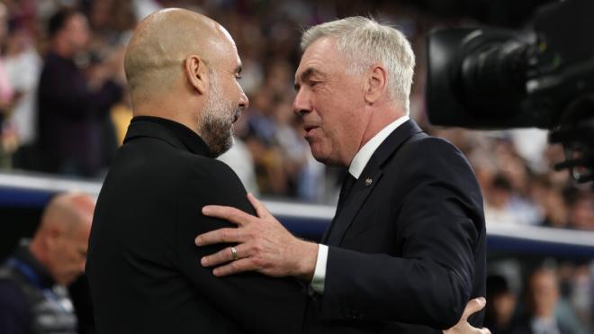 Pep Guardiola y Carlo Ancelotti, en el Santiago Bernabéu (Cordon Press)