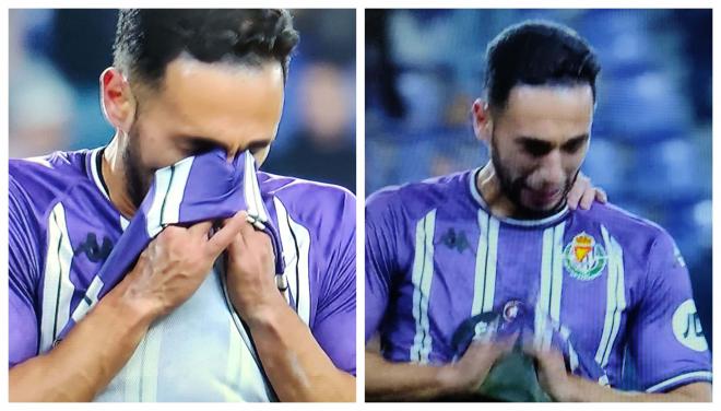 Las lágrimas de Anuar Tuhami tras el triunfo del Valladolid ante el Valencia (Foto: DAZN).