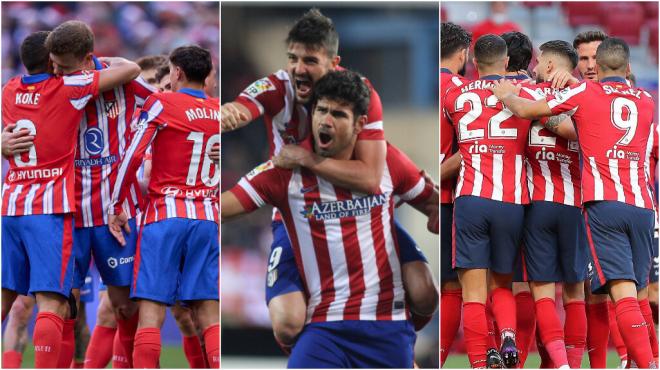 Imágenes del Atlético de Madrid en la temporada 2024/25 (izquierda), 2013/14 (medio), y 2020/21 (