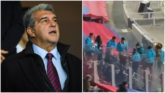 Joan Laporta en un partido del Barça y la charanga en Montjuic (Cordon Press/ Redes sociales)