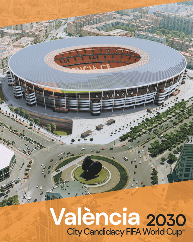 Bidbook de Valencia presentado a la FIFA para ser sede del Mundial 2030 con el Nou Mestalla