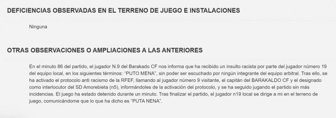 Extracto del acta del Amorebieta - Barakaldo que recoge los insultos a Maroan Sannadi.