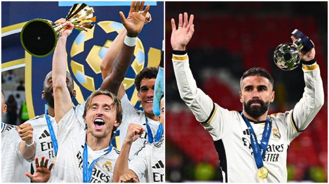 Luka Modric levantando la Intercontinental y Carvajal en Wembley (fotos: X y Europa Press)