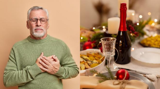 Fotomontaje de un hombre con la mano en el corazón (izquierda) y cena de Navidad (derecha) (Fotos: Freepik)