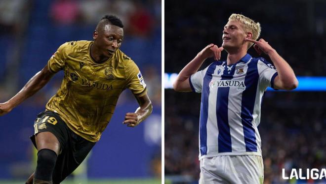 Umar Sadiq y Orri Oskarsson, con la Real Sociedad en esta 24/25 (Fotos: LALIGA).