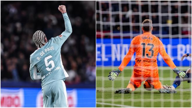 Fotomontaje de Rodrigo de Paul y Jan Oblak en el encuentro contra el FC Barcelona (Europa Press)