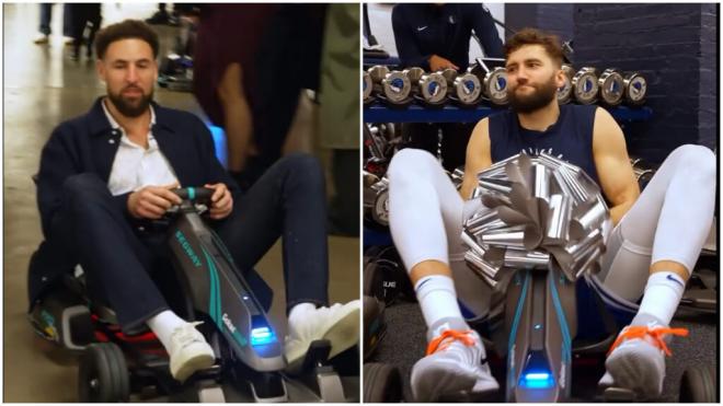 Klay Thompson y Maxi Kleber, disfrutando del regalo de Luka Doncic.