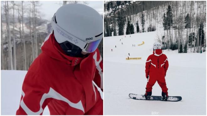 Lewis Hamilton esquiando en su traje rojo de Dior. (Fuente: @lewishamilton)