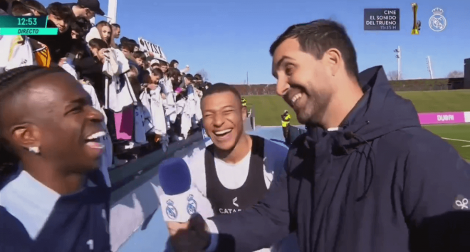 Mbappé y Vinicius en el entrenamiento de este martes en Valdebebas (Real Madrid TV)