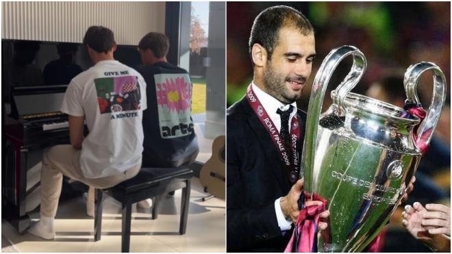 Robin Le Normand tocanod el piano con su hermano y Pep Guardiola (Fotos: redes sociales)