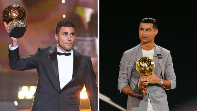 Rodri Hernández y Cristiano Ronaldo, con el Balón de Oro y el Globe Soccer, respectivamente,