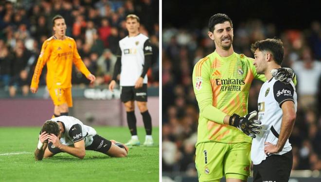 Hugo Duro, consolado por Thibaut Courtois tras el Valencia-Real Madrid (Foto: Cordon Press).