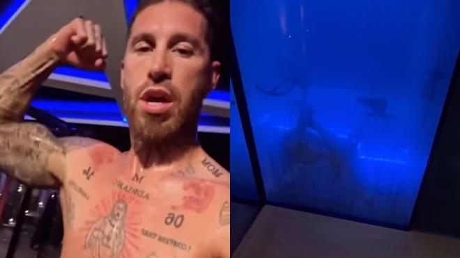 Fotomontaje de Sergio Ramos (izquierda) y bicicleta estática en una sauna (derecha) (Fotos: @sergioramos)