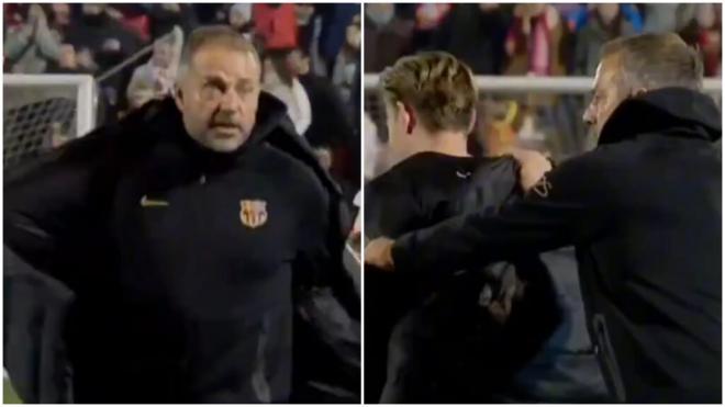 Hansi Flick cede su abrigo a Frenkie de Jong tras el Barbastro-FC Barcelona (Redes Sociales)