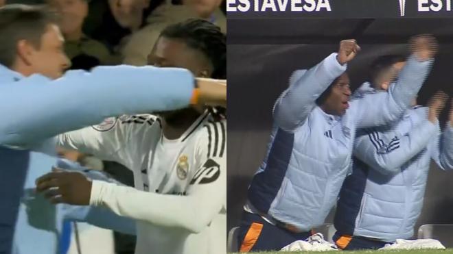 Camavinga celebra un gol con el banquillo y Vinicius celebra su gol (Montaje: TVE y ElDesmarque)