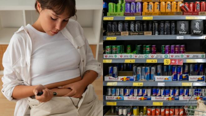 Fotomontaje de mujer poniéndose insulina (izquierda) y sección de las bebidas azucaradas de un supermercado (derecha) (Fotos: Freepik y E.P.)