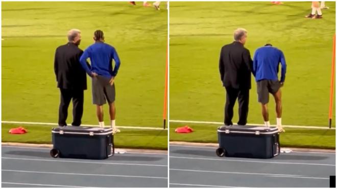 Raphinha y Joan Laporta charlan antes del entrenamiento