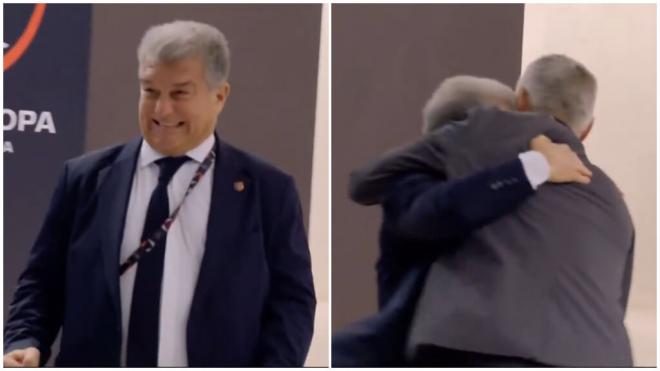 Joan Laporta, eufórico por la cautelarísima, se abraza a Masip.