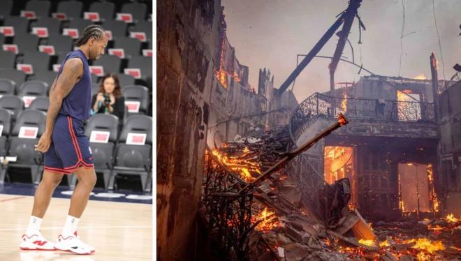 Kawhi Leonard y una imagen de los incendios de Los Angeles (Fotos: Cordon Press y EFE).