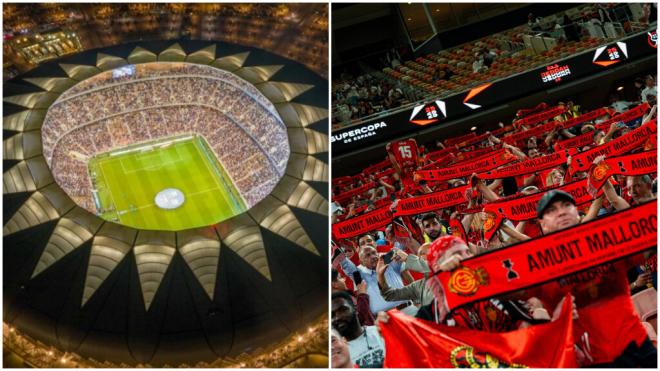 Aficionados del Mallorca en el King Abdullah Sports City de Yeda (Fotos: X y Cordon Press)