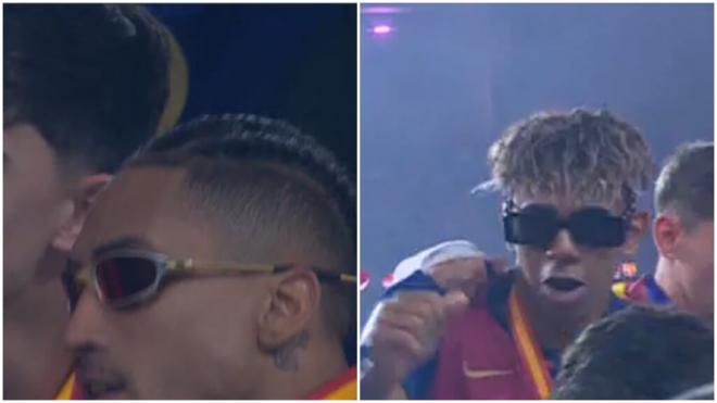 Lamine Yamal y Raphinha incorporan gafas a la celebración de la Supercopa. (Foto: Movistar+)