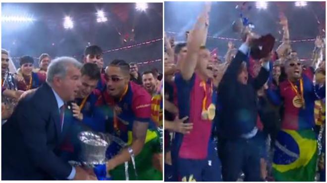 El show de Laporta en la celebración del Barcelona en la Supercopa de España. (Foto: Movistar+)