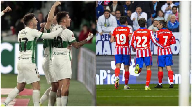 Fotomontaje de los jugadores del Elche y del Atlético de Madrid celebrando un gol (Fotos: Europa P