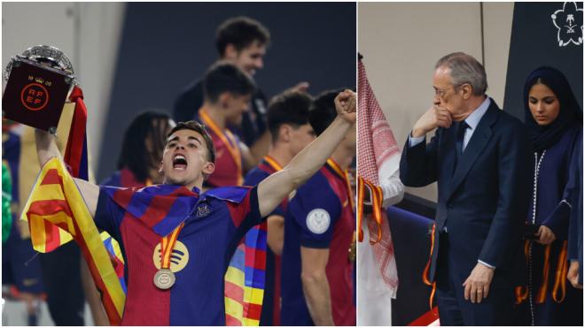 Gavi levantando la Supercopa y Florentino Pérez en el estadio (Fotos: EFE)