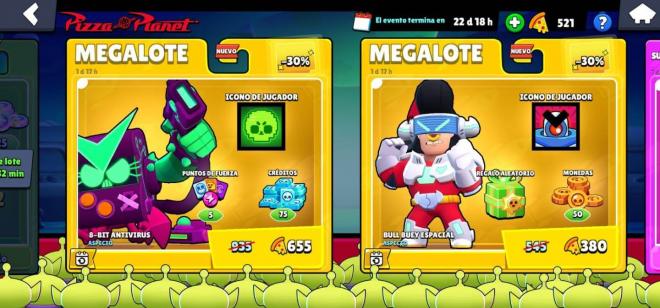 Algunas de las skins de la tienda del Pizza Planet en Brawl Stars