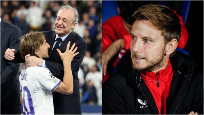 Fotomontaje de Luka Modric con Florentino Pérez (izquierda) e Ivan Rakitic (derecha) (Fuente: Euro